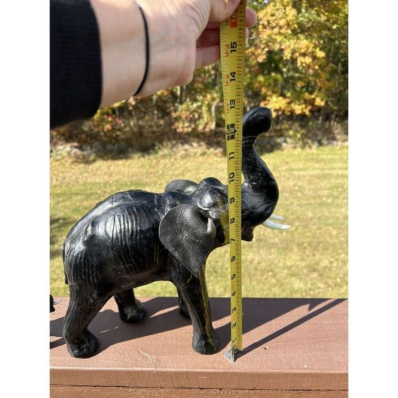 Vintage Leather Wrapped Elephant Statue W Tusks, Trunk Up Black 13”L x 13”H - Picture 8 of 13